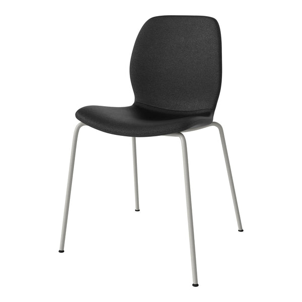 Black textured chair with sleek light gray metal legs, modern and minimalist design. Perfect for contemporary spaces.