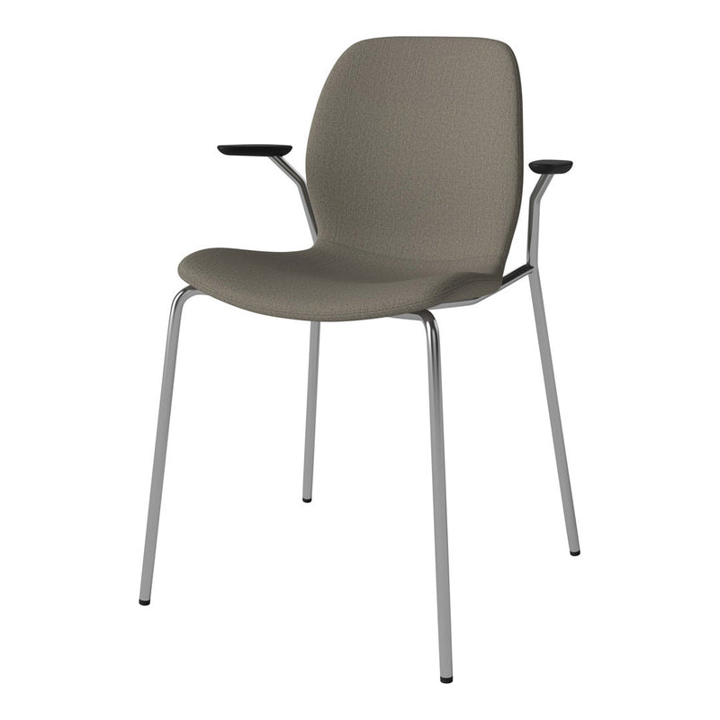 Gray fabric dining chair with a textured finish and sleek silver metal legs. Modern and minimalist design.