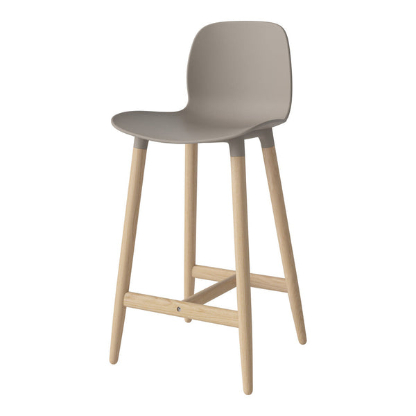 Modern gray stool with smooth contours and natural wood legs, perfect for contemporary dining spaces.
