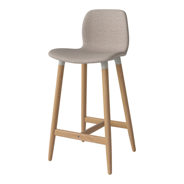 Beige upholstered bar stool with light wood legs and subtle textured pattern, perfect for modern interiors.