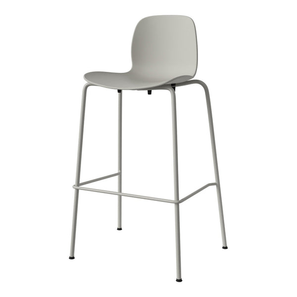 Light gray barstool with a minimalistic design and smooth curves, featuring a sturdy metal frame in a matching hue.