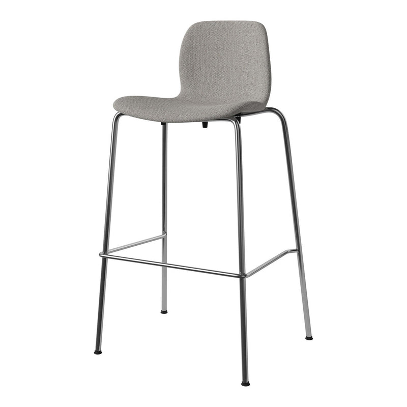 Grey upholstered bar stool with a sleek chrome frame. Minimalist design, perfect for modern decor.