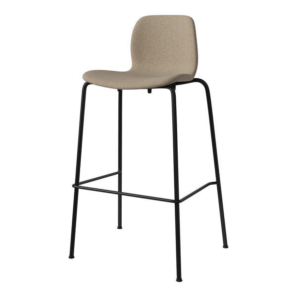 Tall bar stool with a textured beige seat and sleek black metal frame. Modern, minimalist design for any space.