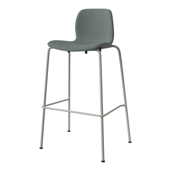 Gray fabric bar stool with a sleek silver metal frame, offering a modern and minimalist design.