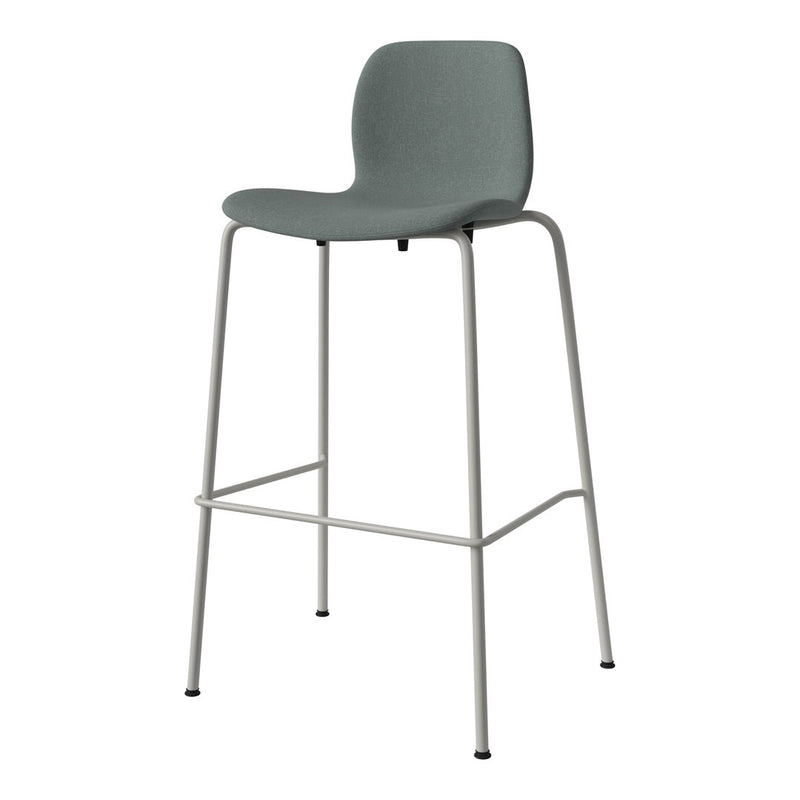 Gray fabric bar stool with a sleek silver metal frame, offering a modern and minimalist design.