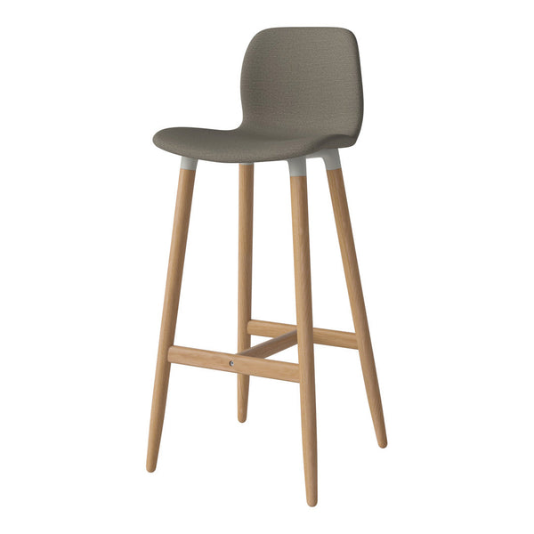 Gray fabric seat with a textured finish and natural wood legs, perfect for modern bar or kitchen settings.