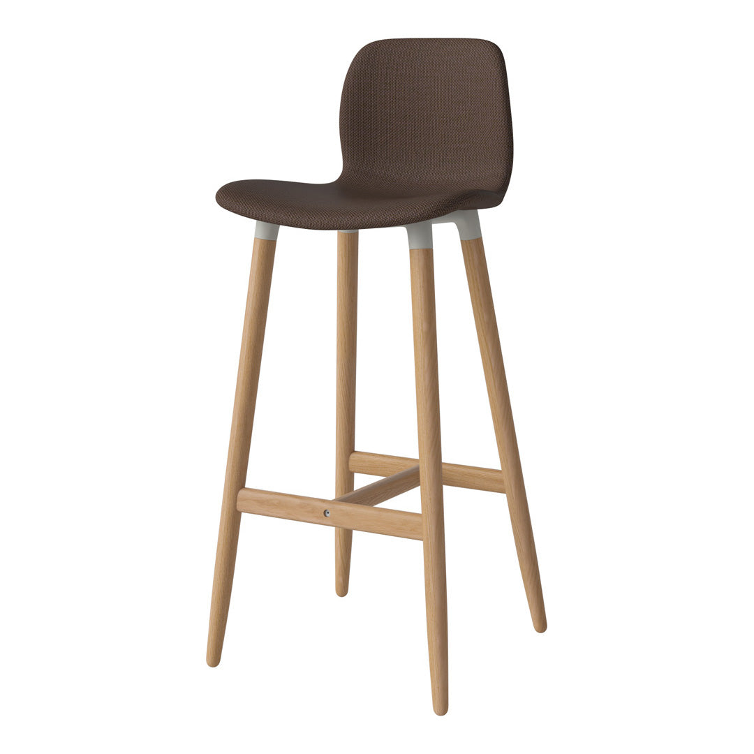 Brown upholstered barstool with a textured pattern and natural wood legs for a modern, minimalist look.