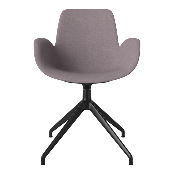 Grey upholstered chair with a sleek black metal base, featuring a modern, minimalist design. Perfect for contemporary decor.