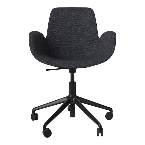 Dark gray upholstered chair with a textured pattern and a sleek black base. Modern design for stylish interiors.