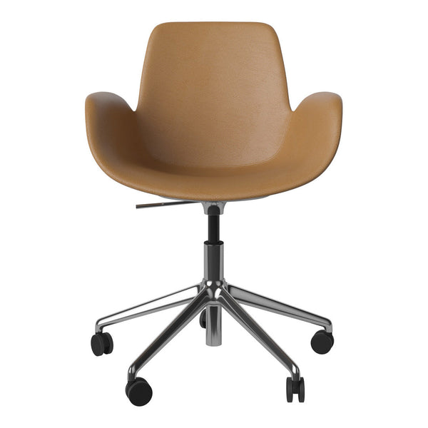 Brown leather office chair with a smooth texture and sleek chrome base, featuring a minimalist design.