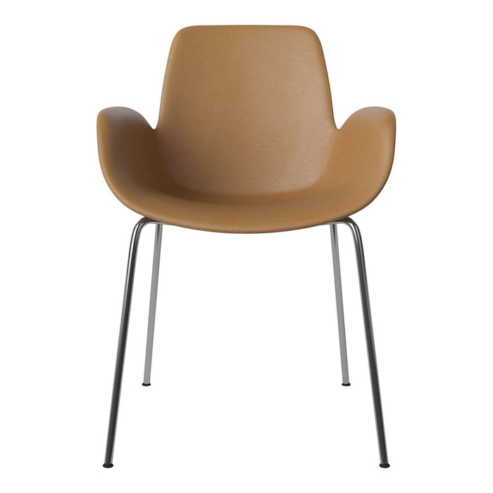 Stylish tan chair with smooth texture and sleek chrome legs, perfect for modern decor.
