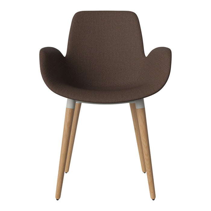 Brown textured chair with light wood legs, featuring a minimalist design and curved shape.