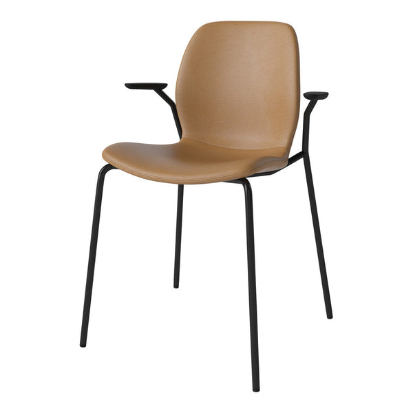 Tan chair with a smooth finish and black metal legs, featuring minimalist design and no visible patterns.