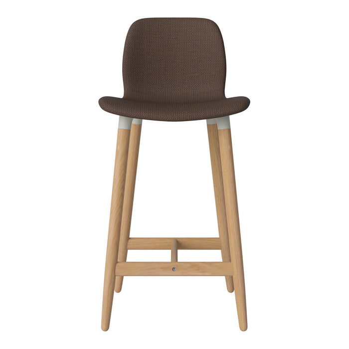 Brown patterned seat with natural wood legs and understated gray accents. Modern and stylish bar stool design.
