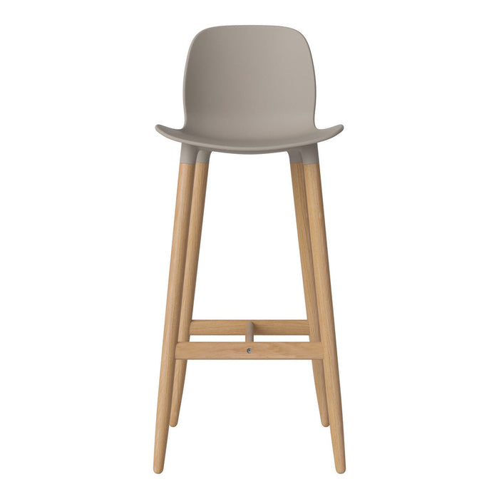 Light gray bar stool with a smooth finish and natural wood legs, perfect for modern decor.