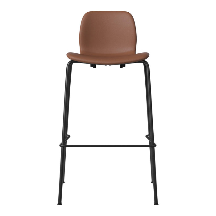 Brown leather high chair with sleek black metal legs, featuring a minimalist design perfect for modern spaces.