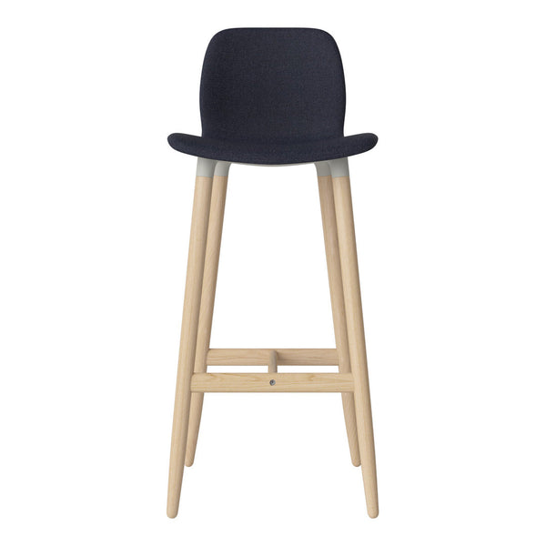 Navy upholstered bar stool with natural wood legs and gray accents, featuring a modern minimalist design.