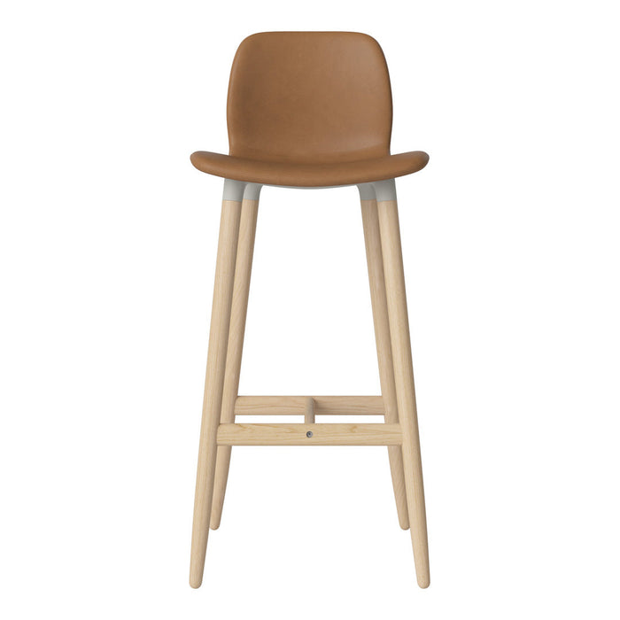 Modern bar stool featuring a warm brown seat and light wood legs, creating a stylish, contemporary look.