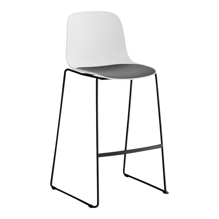 Modern bar stool with a sleek white seat, gray cushion, and minimalist black metal legs. Perfect for contemporary decor.