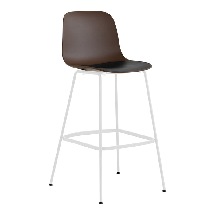 Brown and black accent bar stool with a sleek white metal frame. Modern design perfect for contemporary spaces.