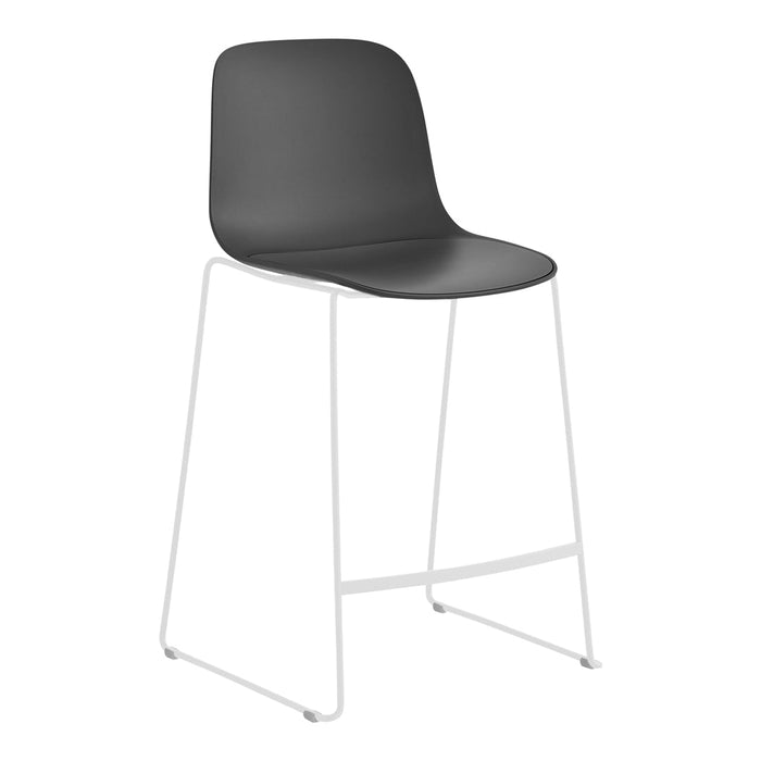 Modern gray bar stool with a sleek, smooth design and white metal legs, perfect for contemporary spaces.