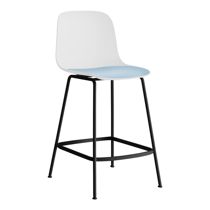 White bar stool with light blue cushion and sleek black metal legs, featuring a minimalist design.