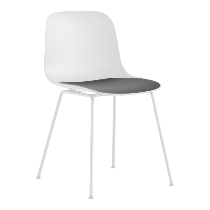 Modern chair with a sleek white backrest and a contrasting gray seat, featuring minimalist design and metal legs.