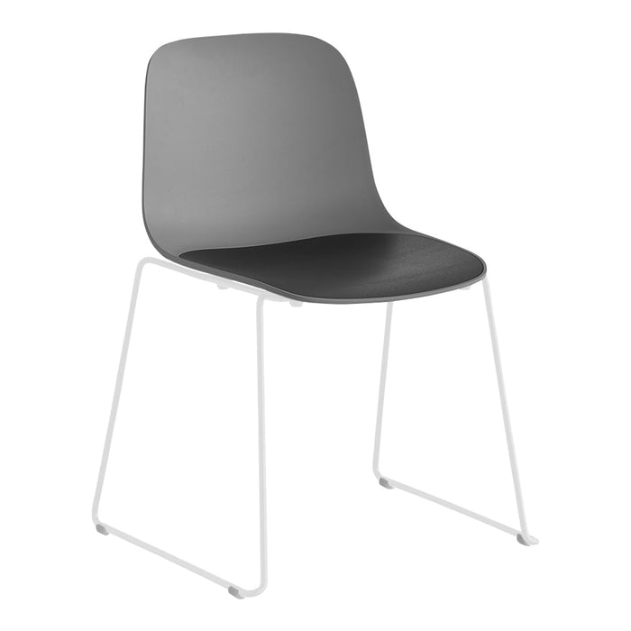 Gray and black modern chair with a smooth surface and minimalist white legs. Ideal for contemporary spaces.