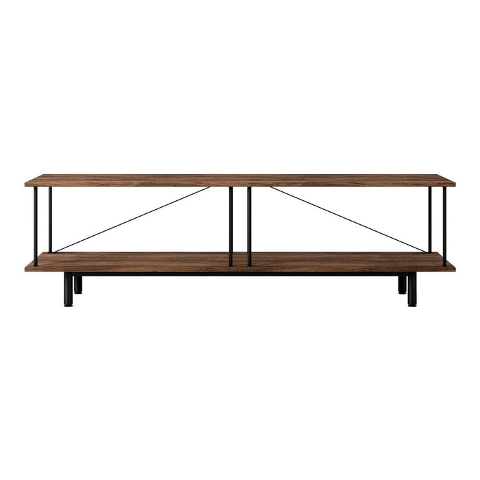Wooden TV stand with a rich brown finish and black metal accents, featuring a sleek, modern design.