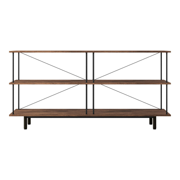 Wooden shelves in dark brown with black metal accents and clean, industrial design. Ideal for modern decor.