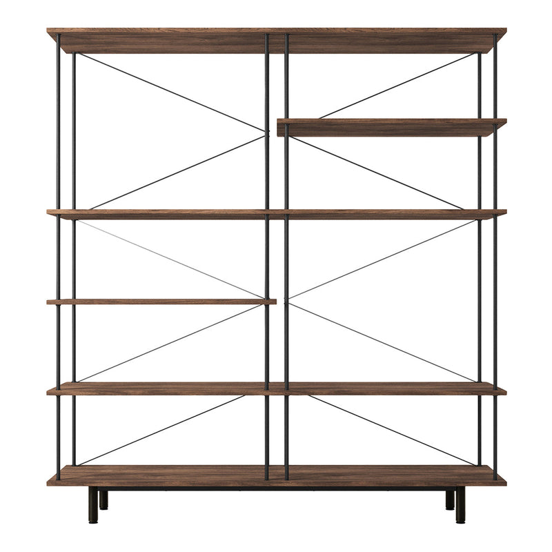 Wooden shelving unit with a rich brown finish and black metal accents featuring geometric cross-patterns.