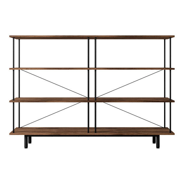 Brown wooden shelves with a sleek, modern design and black metal framework. Ideal for stylish home organization.