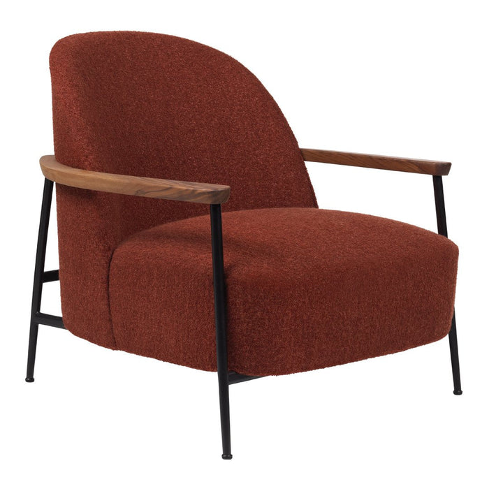 Rust orange upholstered armchair with a curved silhouette and wooden armrests, featuring a textured fabric pattern.