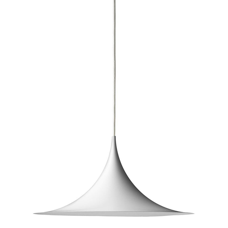 "Minimalist white pendant lamp with a sleek, smooth conical shape and a polished finish."