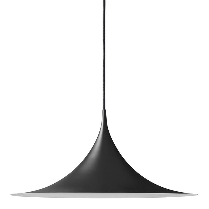 Sleek black pendant lamp with a smooth, minimalist design and gentle curves, perfect for modern decor.