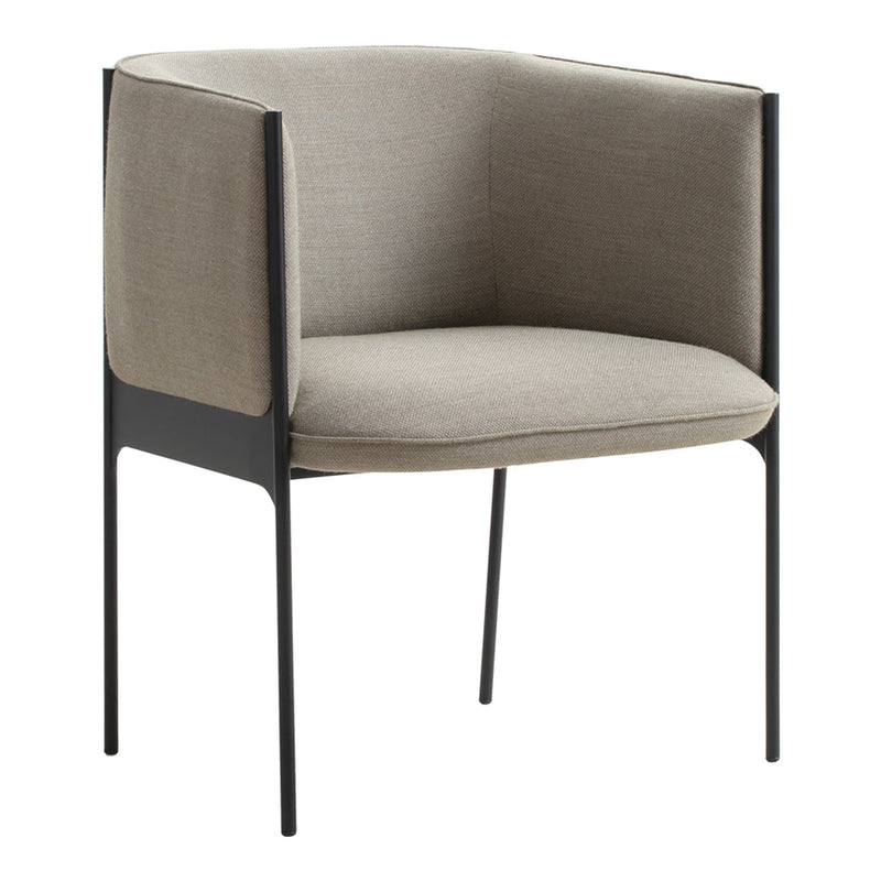 Stylish gray upholstered chair with a minimalist black metal frame, perfect for modern decor.