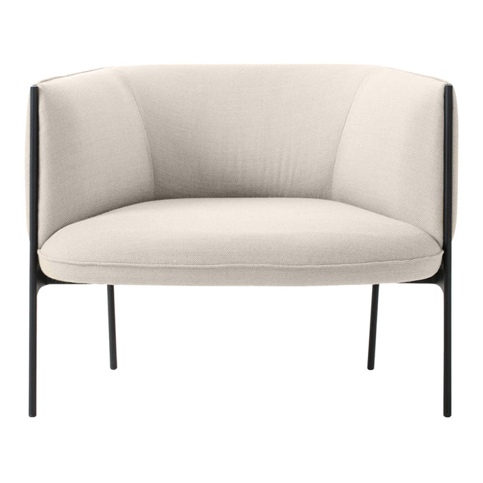 Light beige upholstered chair with sleek black metal legs and minimalist design. Ideal for modern decor.