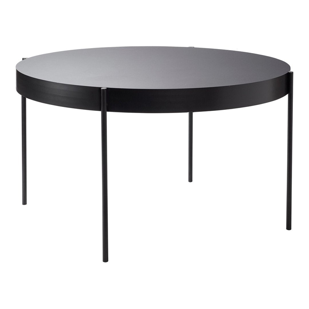 Round black coffee table with a sleek, minimalist design and smooth matte finish. Perfect for modern decor.