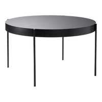 Round black coffee table with a sleek, minimalist design and smooth matte finish. Perfect for modern decor.