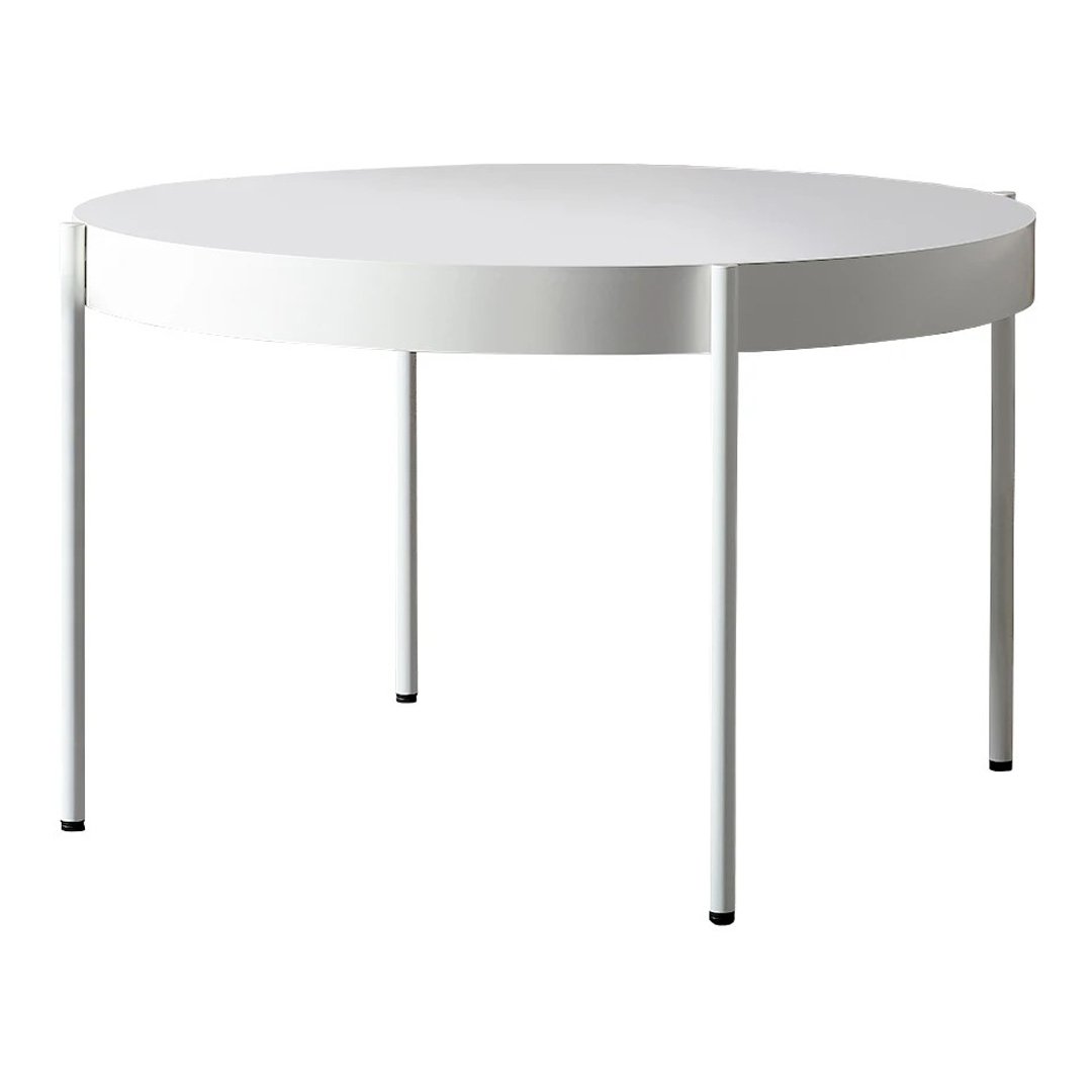Round white table with sleek flat surface and minimalist design, featuring straight white legs.