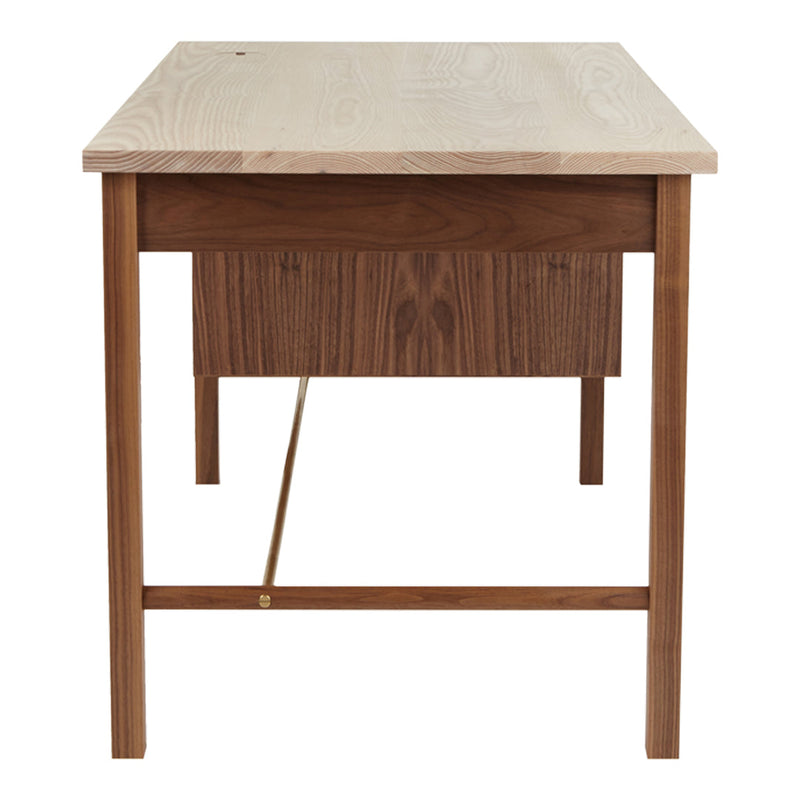 Natural wood desk with light oak top and dark walnut drawer, showcasing a minimalist design and smooth finishes.