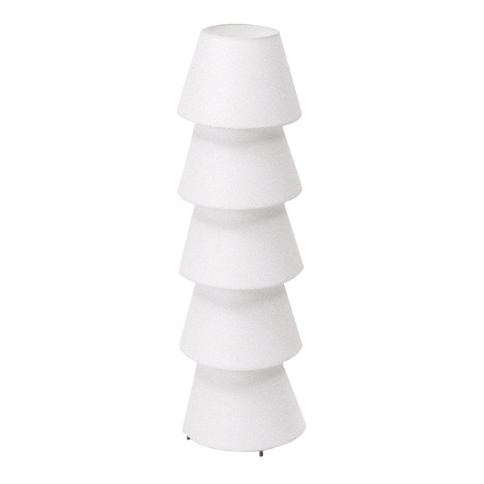 White lamp with a sleek, stacked cone design, featuring smooth surfaces and a minimalist aesthetic.
