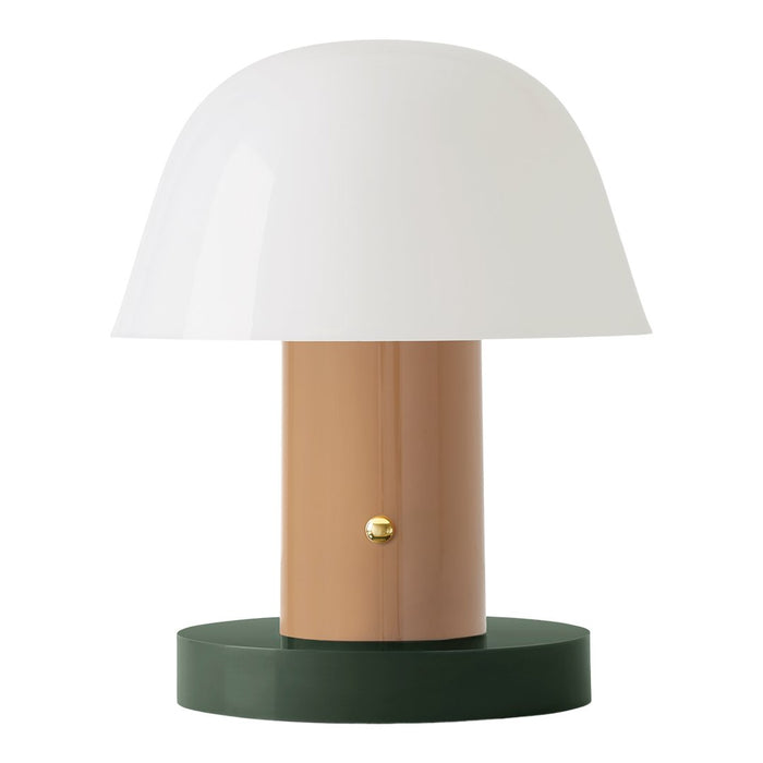 White dome lampshade with a beige base and green round stand, featuring a subtle gold accent. Elegant modern design.