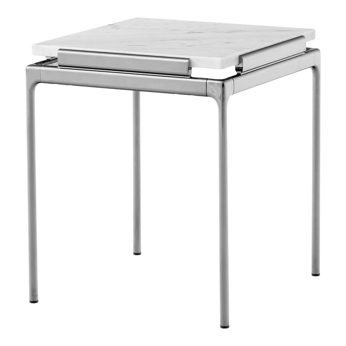 Modern square side table featuring a white marble top and sleek silver metal legs. Perfect for minimalist décor.