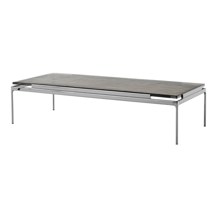 Industrial coffee table with a sleek gray wood top and polished metal legs, featuring minimalist design and clean lines.