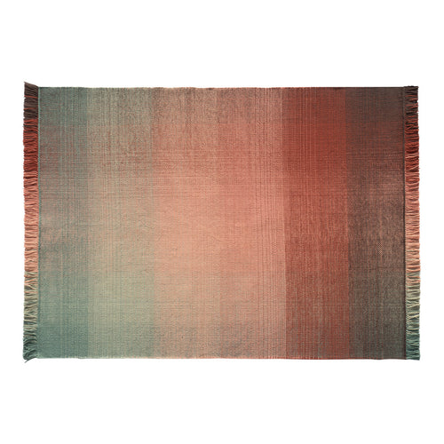 Ombre rug featuring soft hues of peach, coral, and teal with fringed edges for a stylish, contemporary look.