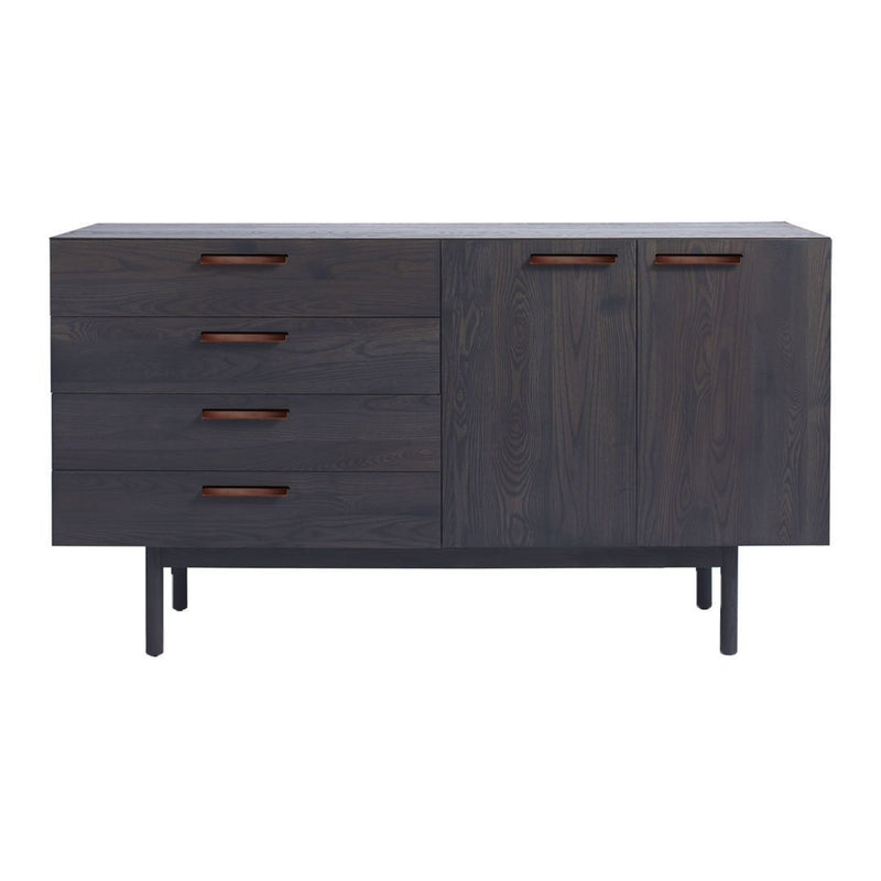 Dark wood sideboard with a sleek matte finish, featuring horizontal lines and contrasting copper handles.