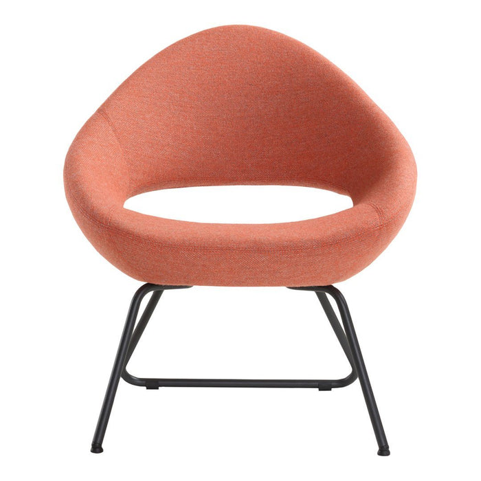 Curved, modern chair in soft coral fabric with a black metal frame, featuring a seamless design and contemporary aesthetic.