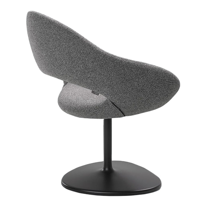 Stylish gray upholstered chair with a sleek black base, featuring a modern curved design. Perfect for contemporary decor.