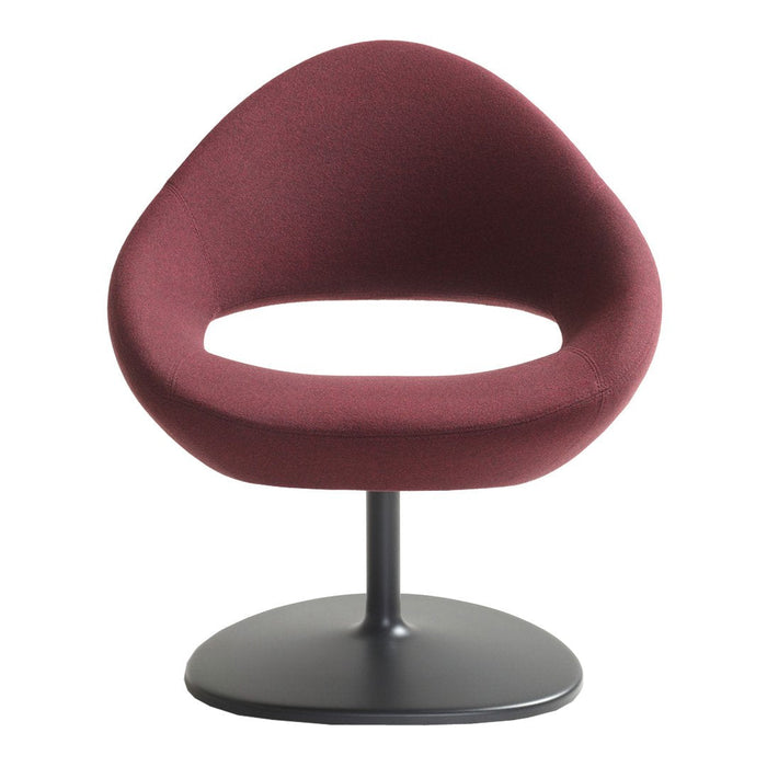Burgundy upholstered chair with a smooth, rounded design and a sleek black base. Perfect for modern decor.